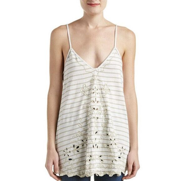 Free People Top Women’s Seafaring Striped Embroidered Tunic Ivory Cutout Small - Picture 1 of 11